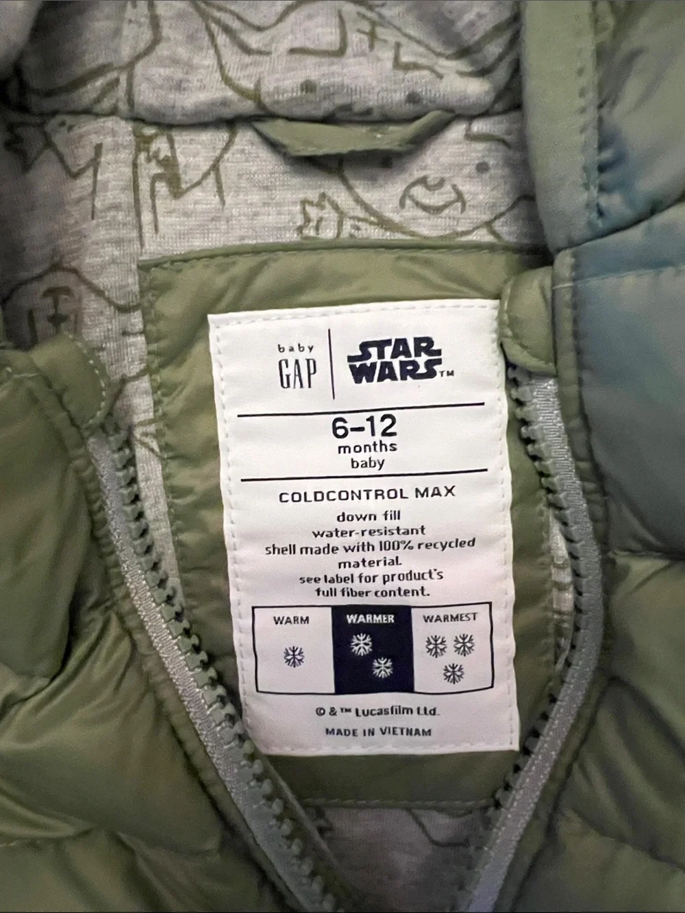 Star Wars Baby Gap Olive Green Puffer Jacket with Yoda Patch and Yoda hood